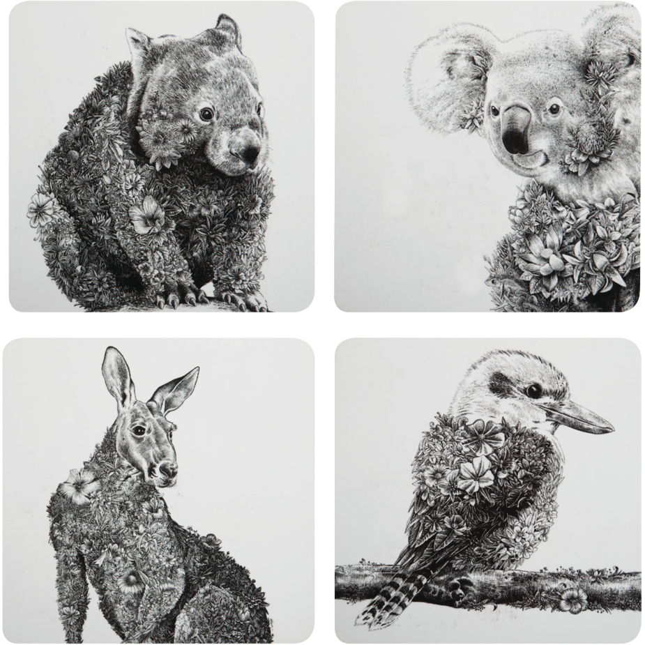 Maxwell And Williams Marini Ferlazzo Animals Of Australia Cork Back Coaster 10.5cm Set Of 4 Assorted Gift Boxed